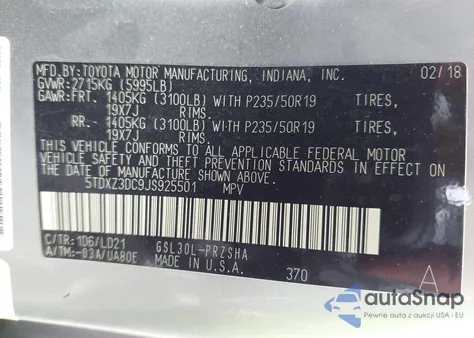 2018 Toyota Sienna Se 8 Passenger z USA, uszkodzony, nr VIN 5TDXZ3DC9JS925501